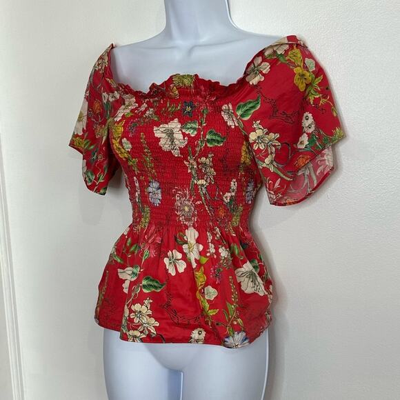 PARKER XS Penn Off-the-Shoulder Floral-Print Blouse, Red, Designer, Smocked - Picture 4 of 9